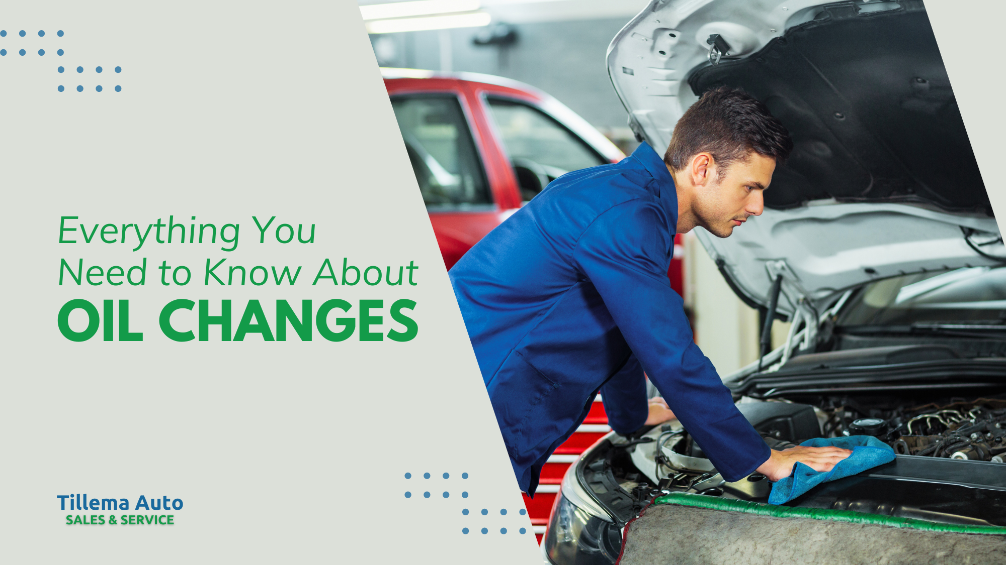 A mechanic in a blue uniform wipes the engine of a car with its hood open; text reads "Everything You Need to Know About Oil Changes and Proper Maintenance.